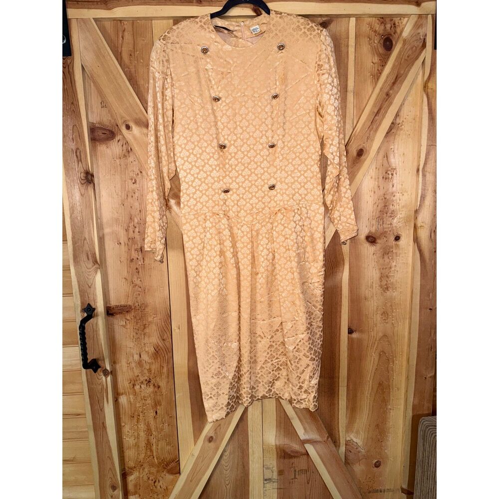 Vintage 80s Albert Nipon 100% Silk Jacquard Dress Size 12 Peach Gold Buttons